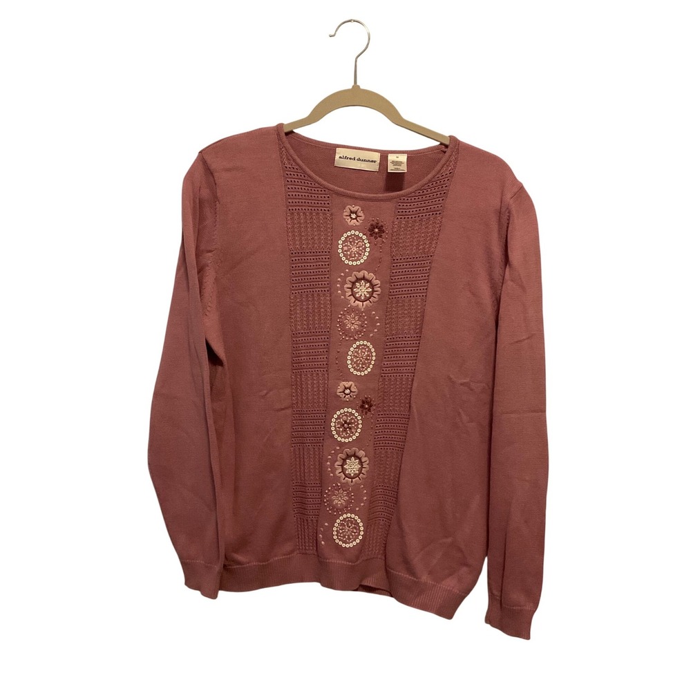 Alfred Dunner Mauve Pink Floral Embroidered Sequin Knit Sweater‎ Mens Medium